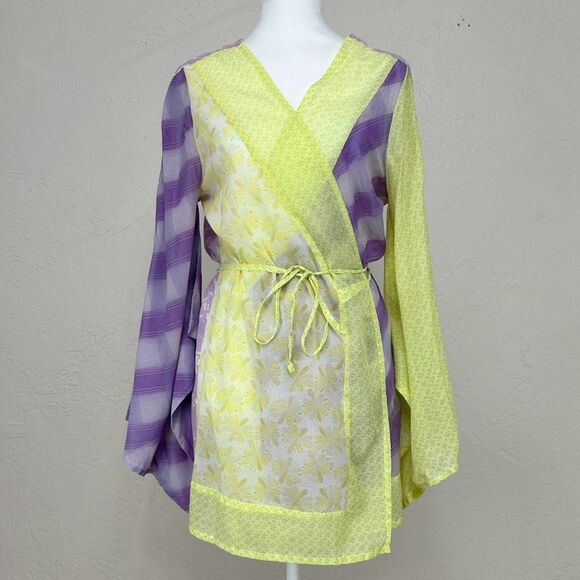 Eloise Anthropologie Silk Blend Kimono Floral & Plaid Patchwork Top Size S / M - Picture 1 of 12